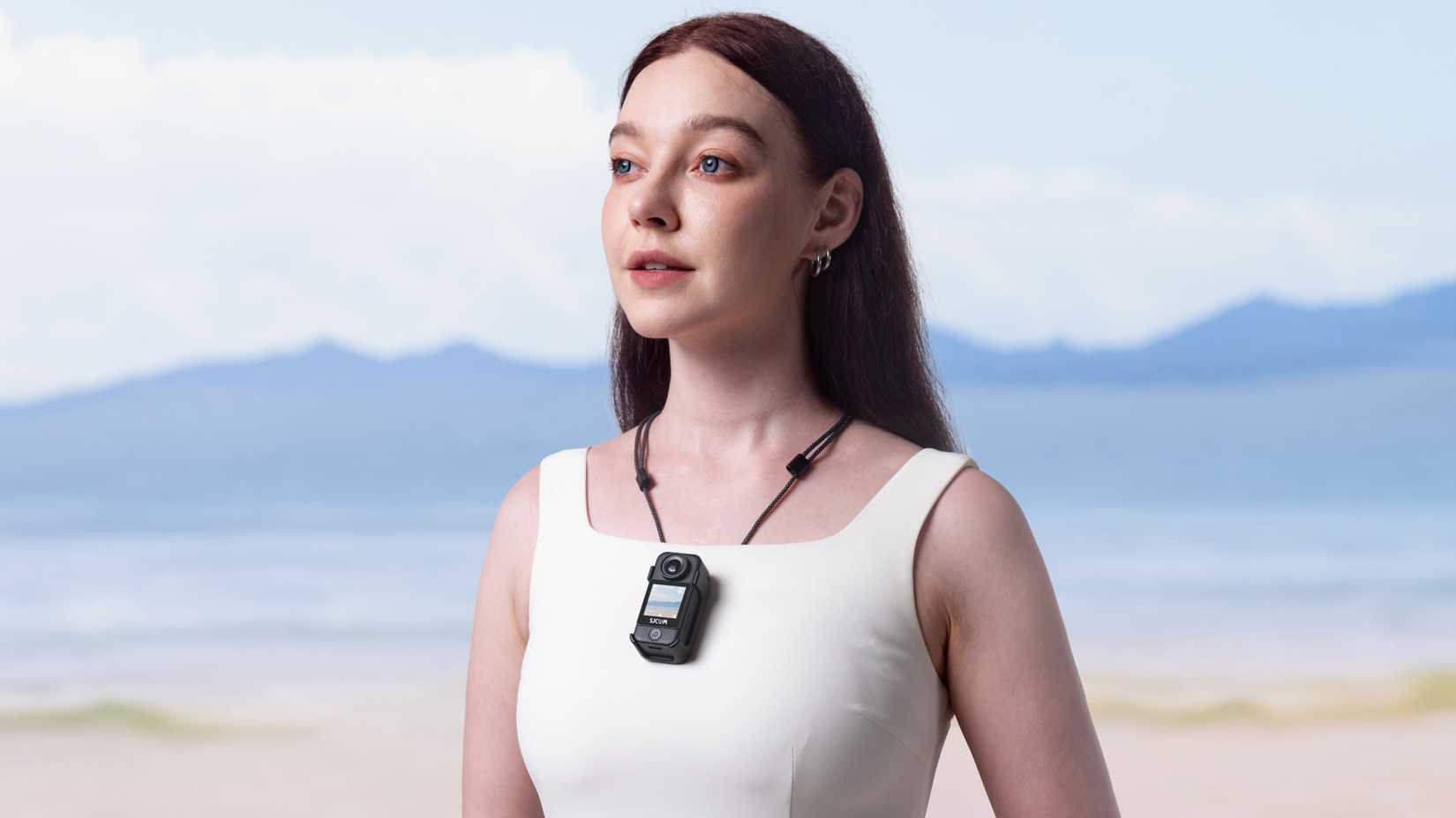 sjcam c400 worn around a woman's neck