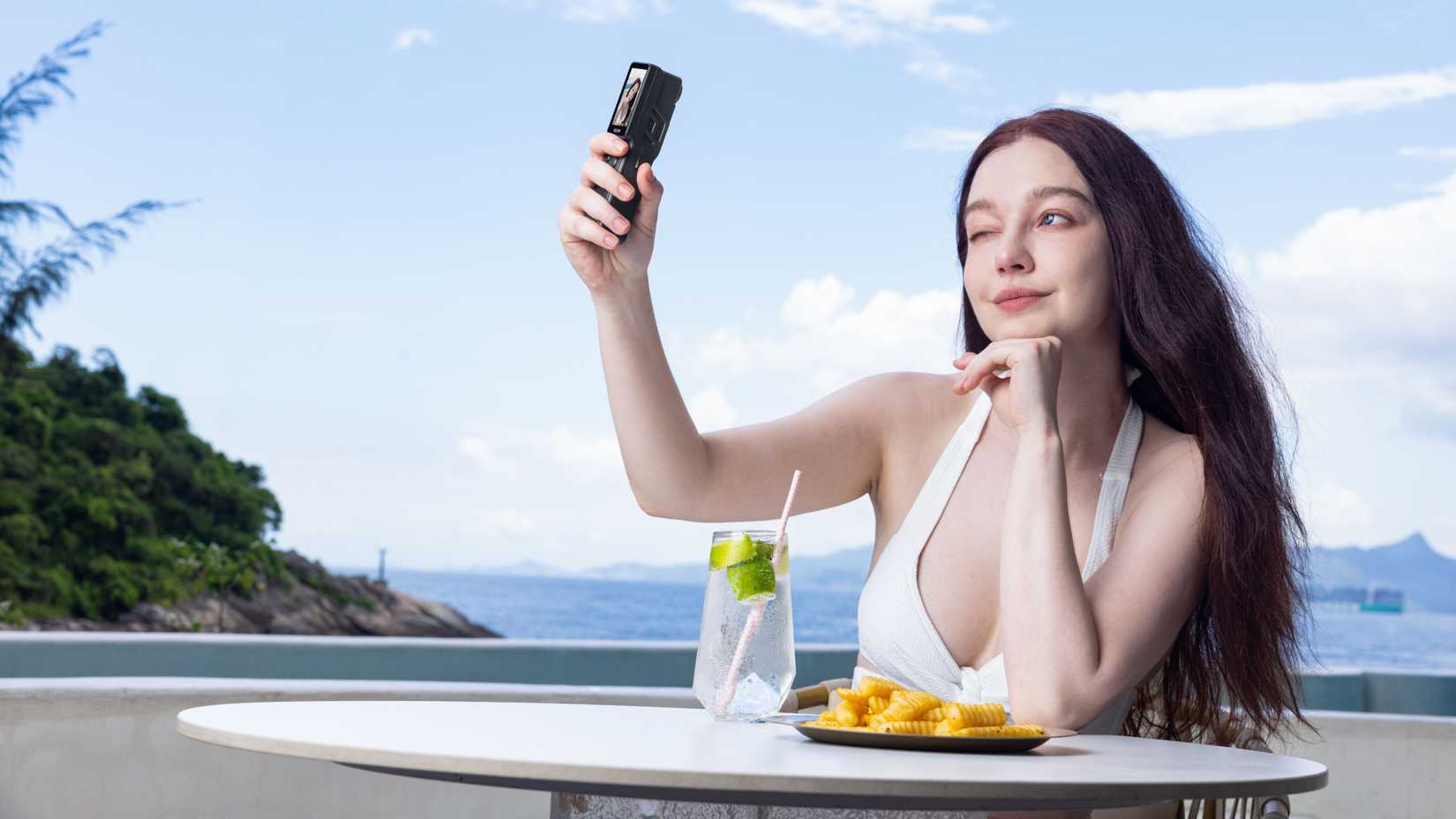 sjcam c400 woman recording tropical lifestyle