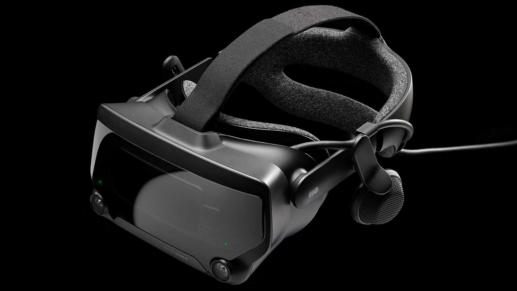 The Valve Steam Index VR headset floating a black background.