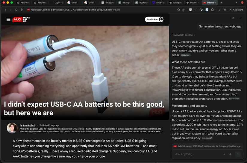 استفاده از دستیار Perplexity Comet برای خلاصهنویسی صفحهٔ فعلی