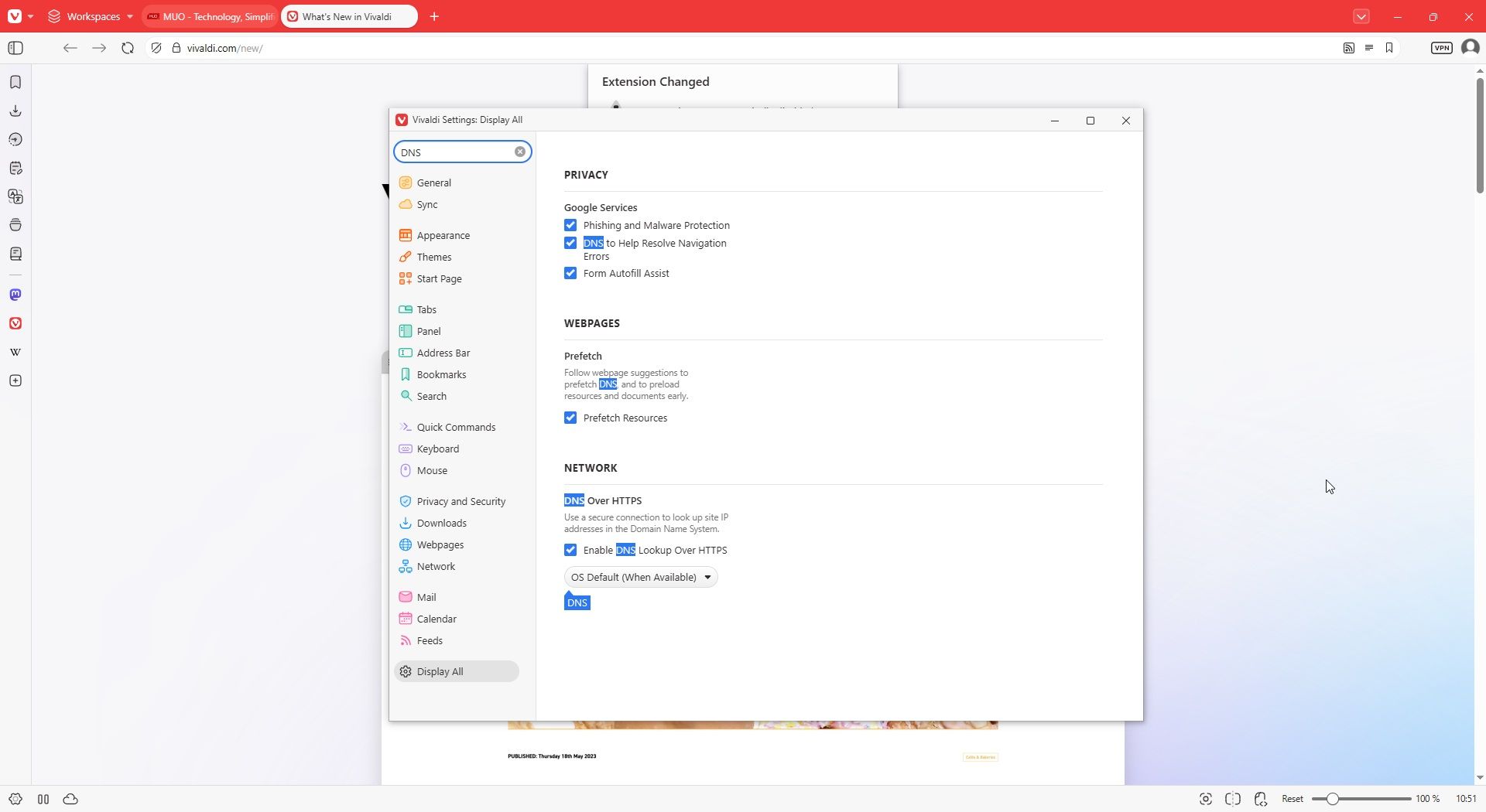 vivaldi enable dns over https settings