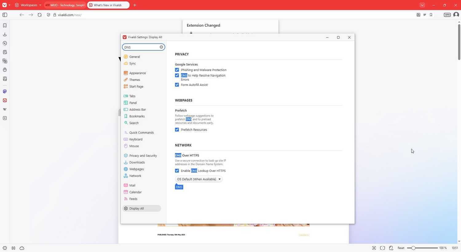 vivaldi enable dns over https settings