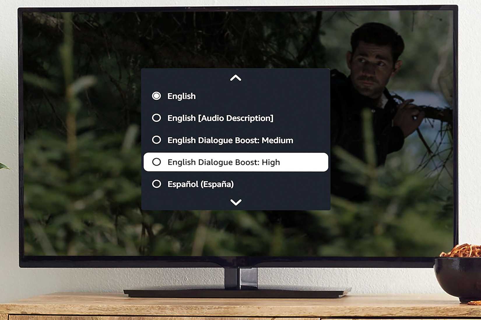 A TV showing Amazon Prime Video's Dialogue Boost feature.