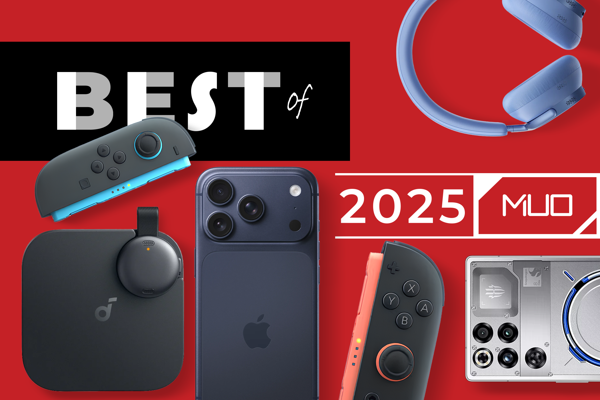 Assorted tech gadgets including an iPhone 17 Pro, a REDMAGIC 11 Pro, a Baseus Inspire XH1, a Soundcore Work, and two JoyCons, surrounding the text 'BEST of 2025' on a red background.-1