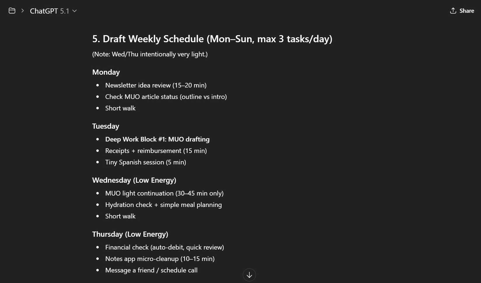 A snapshot of my weekly schedule in ChatGPT.