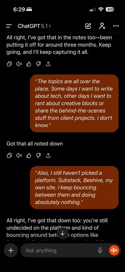 Continue a brain dump with ChatGPT Voice mode.