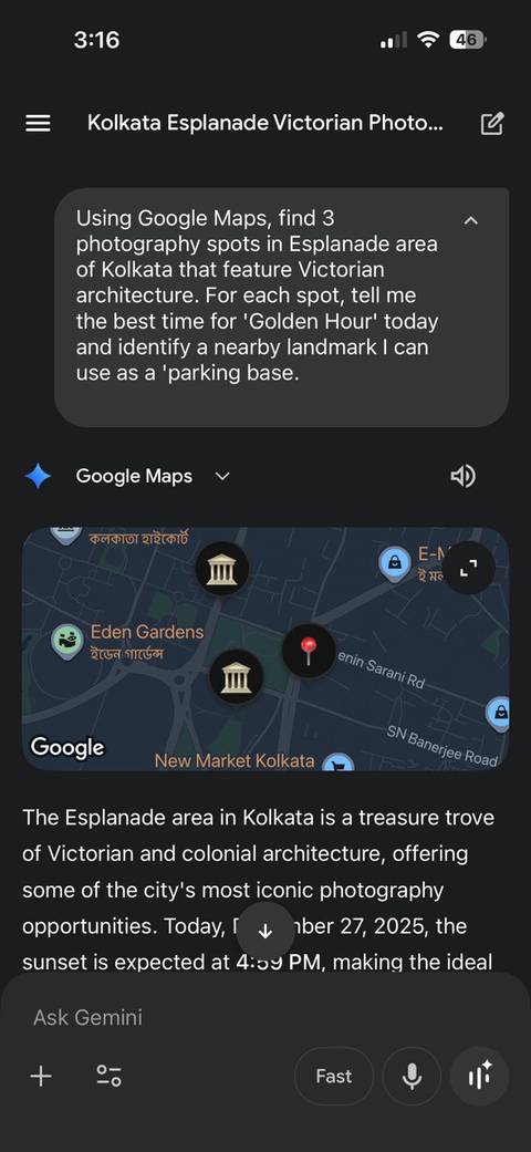 Asking Gemini for ideal photography locations.