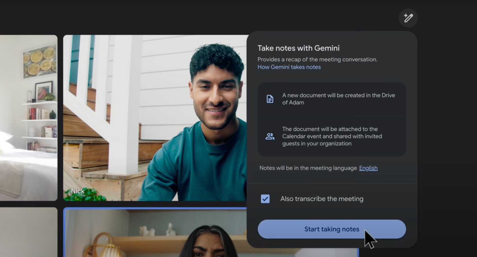 A promotional image of the Take notes with Gemini feature in Meet.