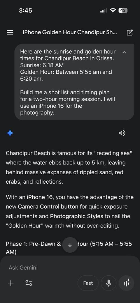 A photography plan during a Golden Hour with Gemini.