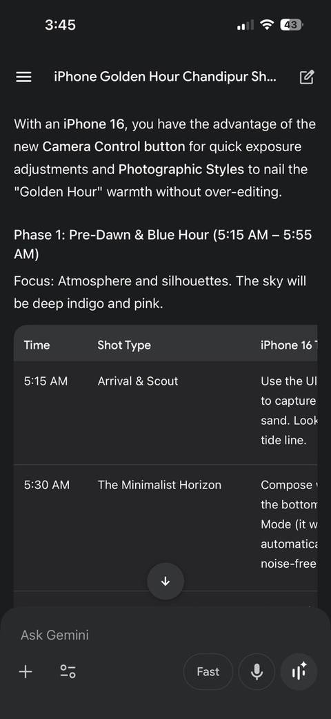 A photography plan during a Golden Hour with Gemini.