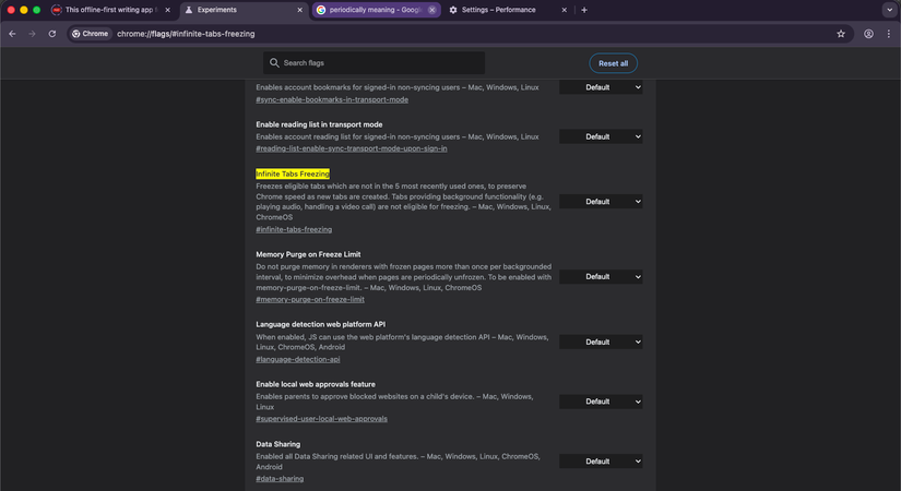 Infinite Tab Freezing Chrome flag highlighted in chrome flags