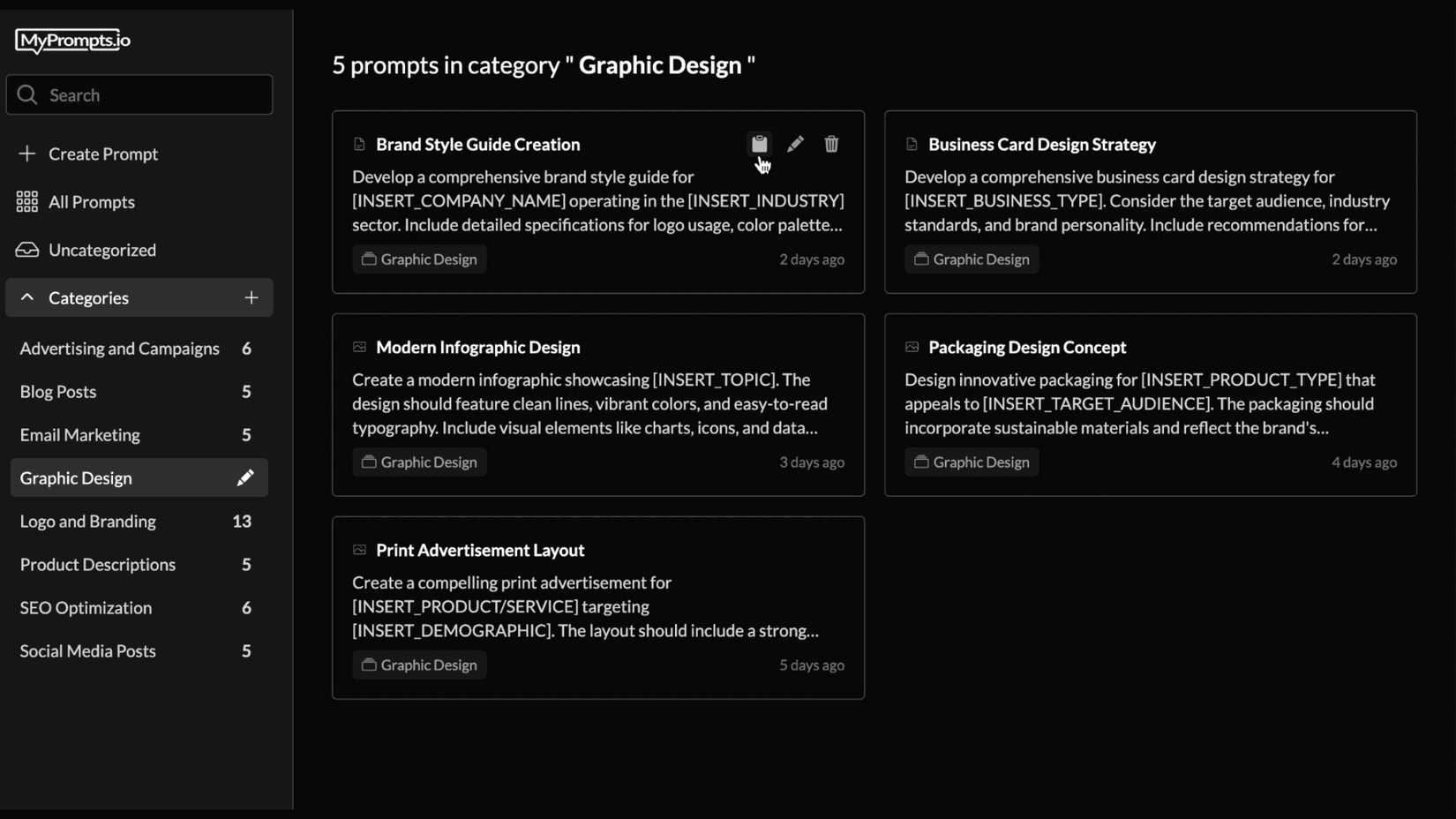 MyPrompts interface with multiple AI prompts in the right side with different categories on the left pane