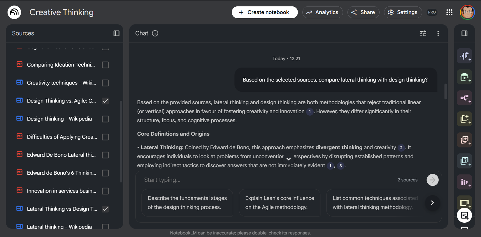 NotebookLM comparing sources.