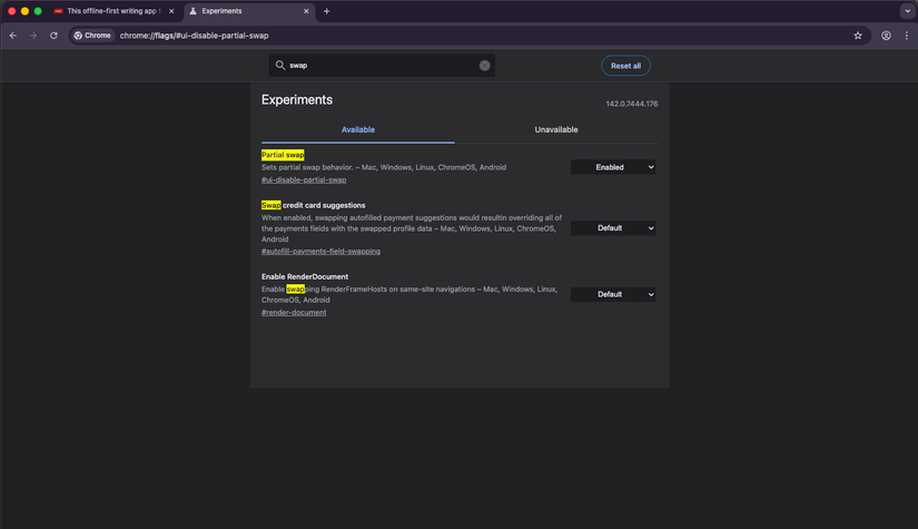 Partial swap Chrome flag