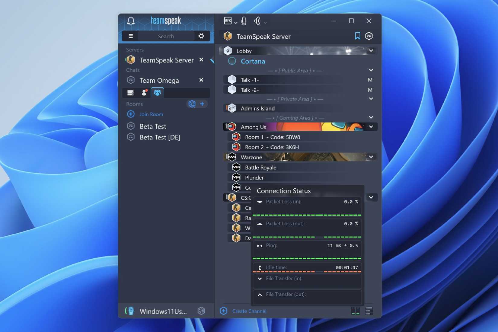 Teamspeak Connection Speed, showing voice and game connection speeds