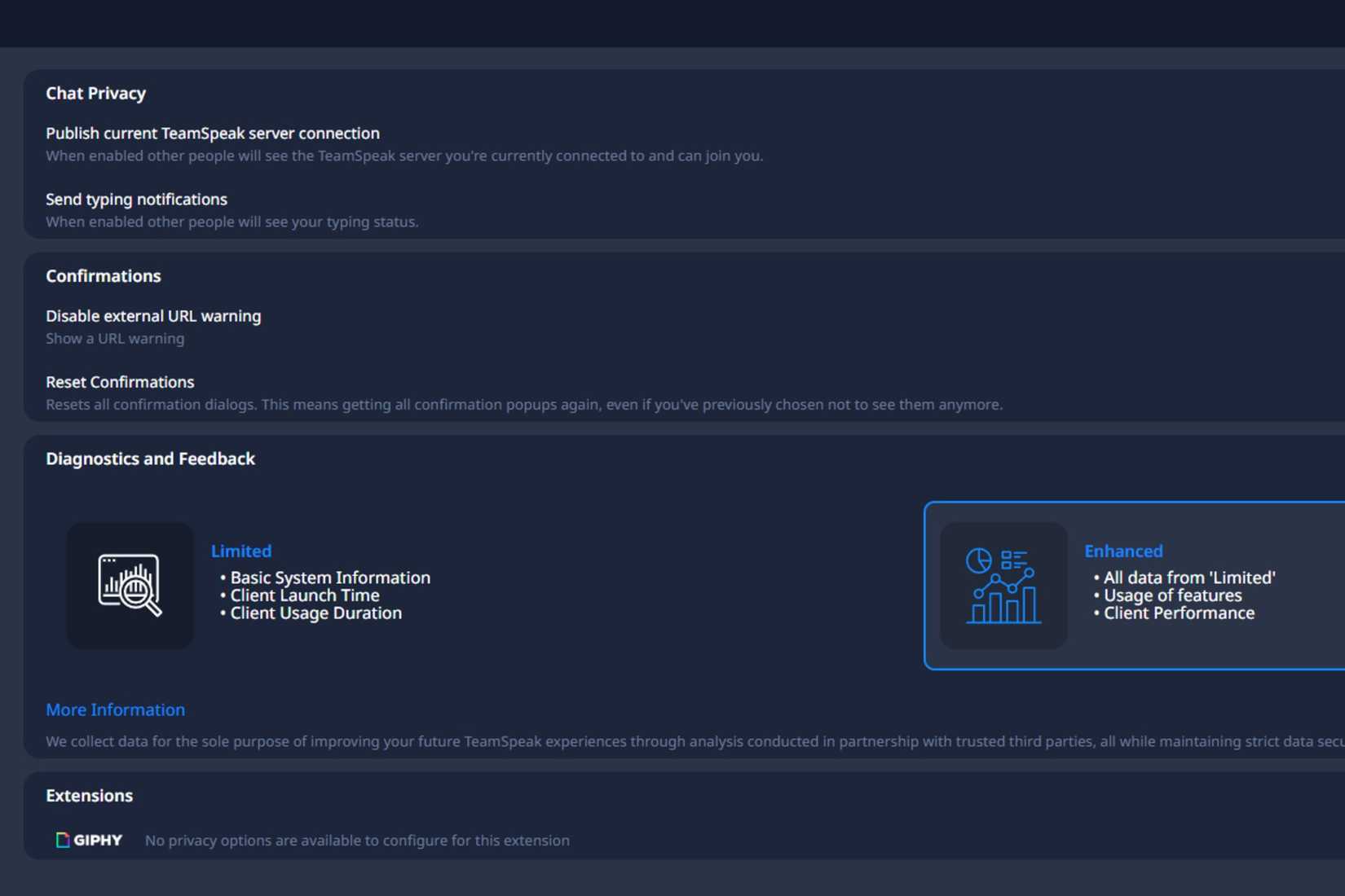 TeamSpeak Privacy settings in the app