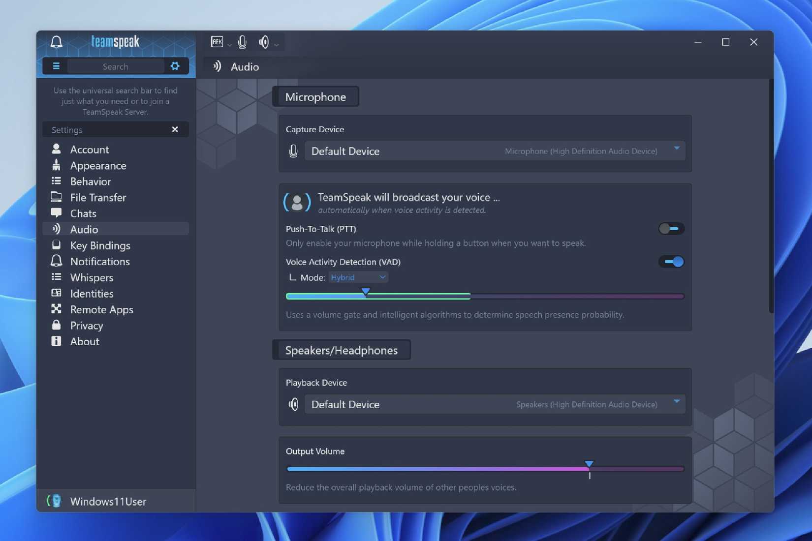 TeamSpeak Voice Detection and other settings available in the app