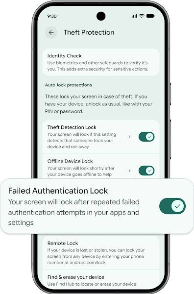 A render showing the Failed Authentication Lock toggle in the settings app of an Android phone