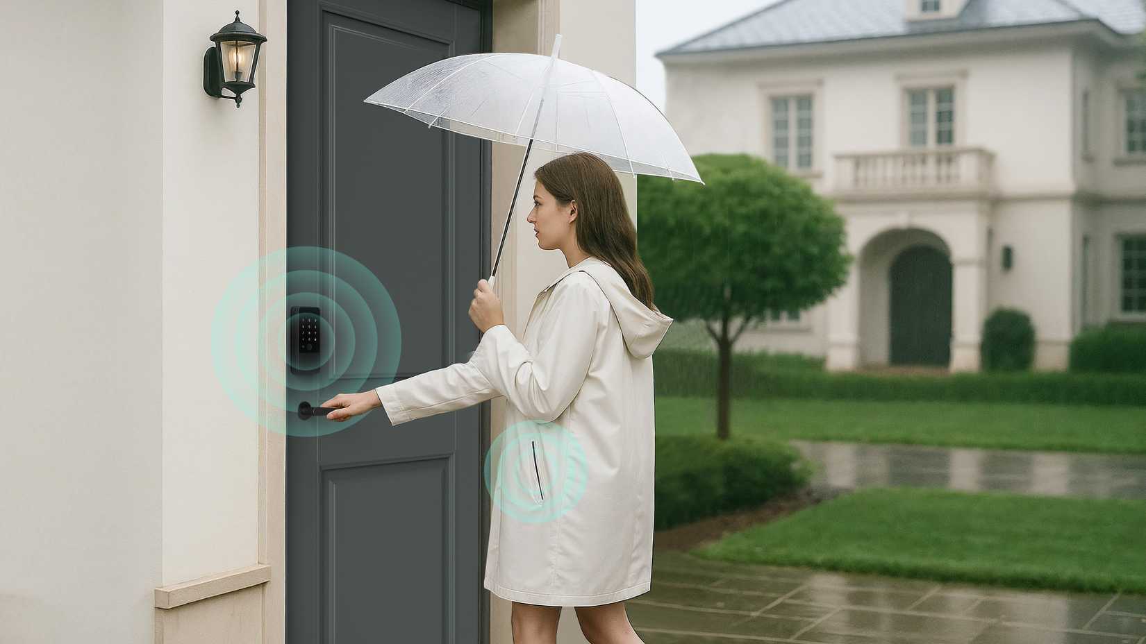 Woman entering home with the Aqara Smart Lock in the rain