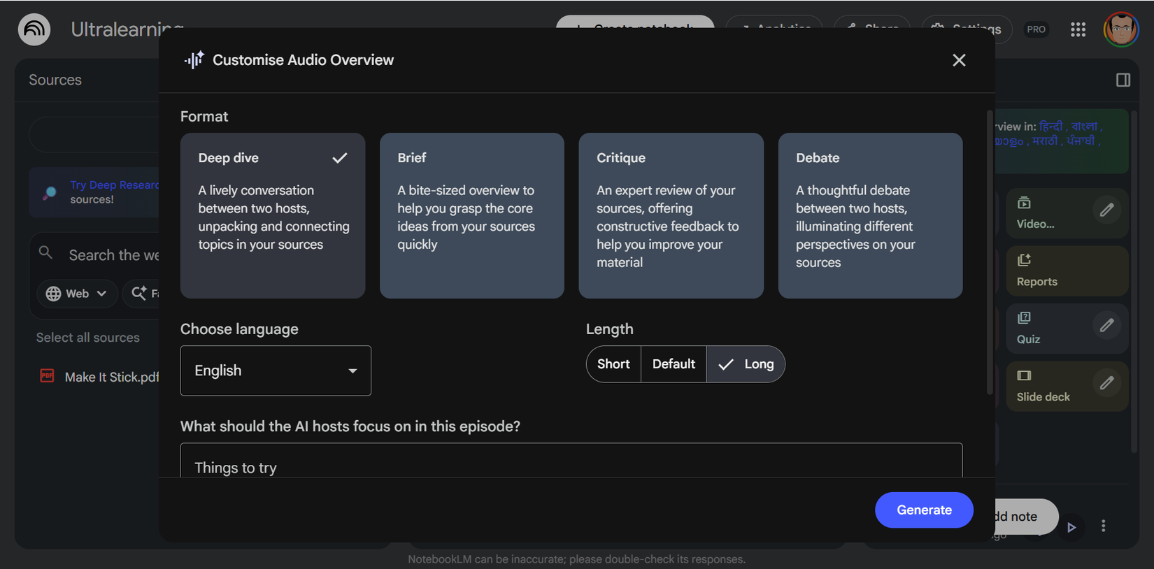 Audio Overview Settings in NotebookLM.
