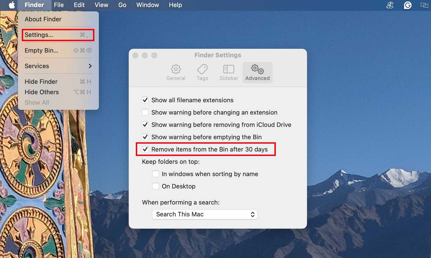 Automatically empty the Trash on a Mac.