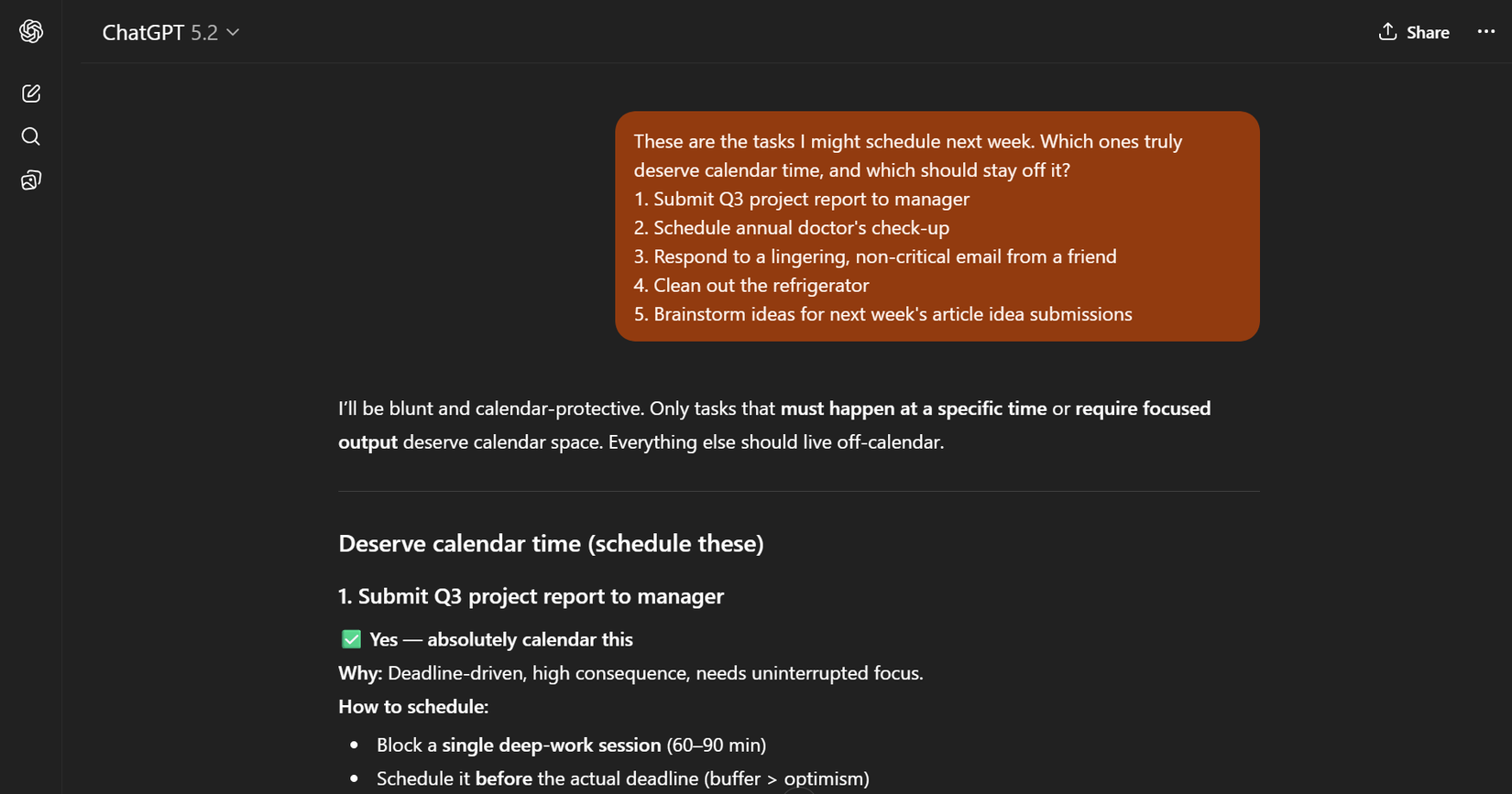 A ChatGPT prompt that selects only a few important tasks and empties the space around them.