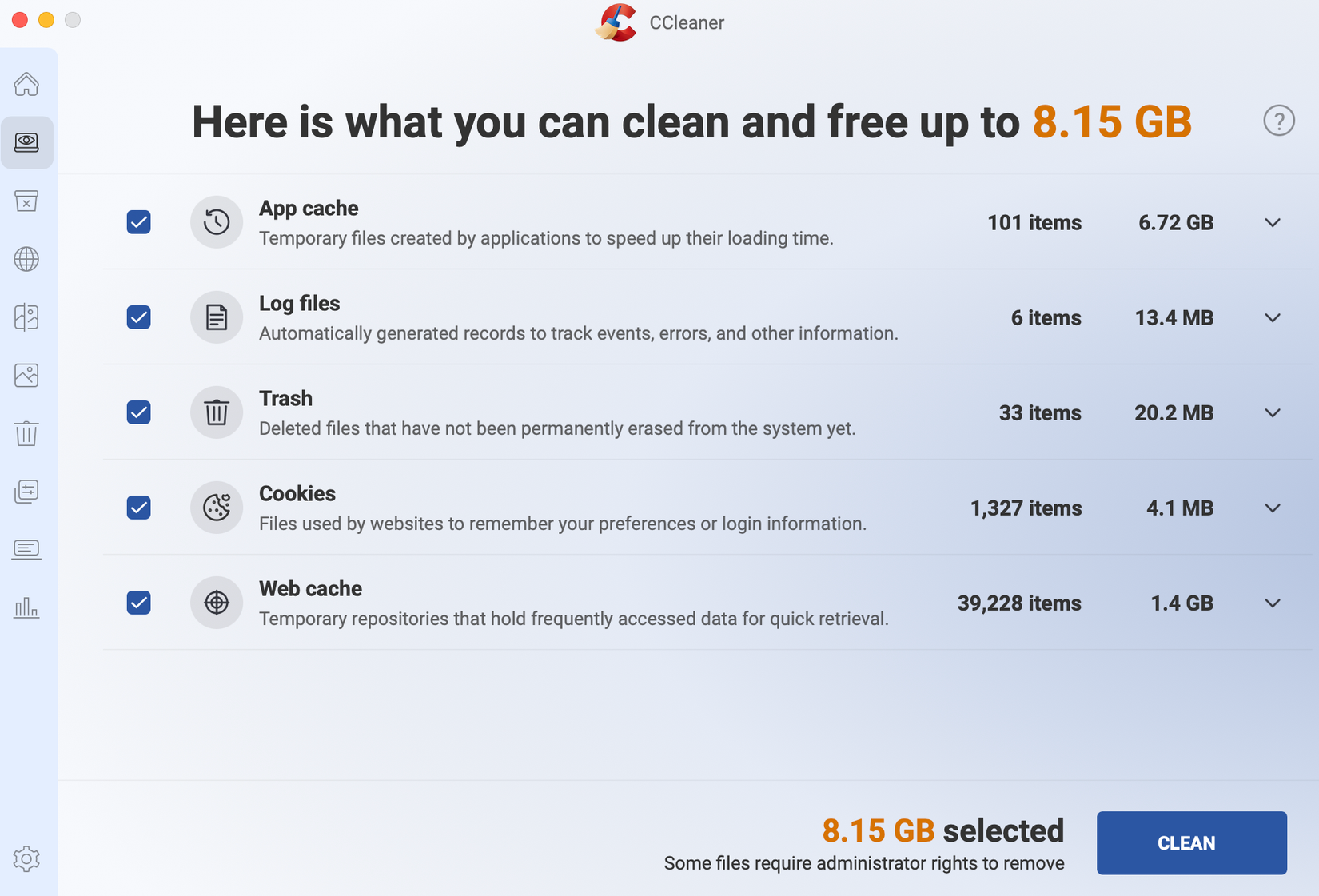 Clearing caches using CCleaner for Mac.
