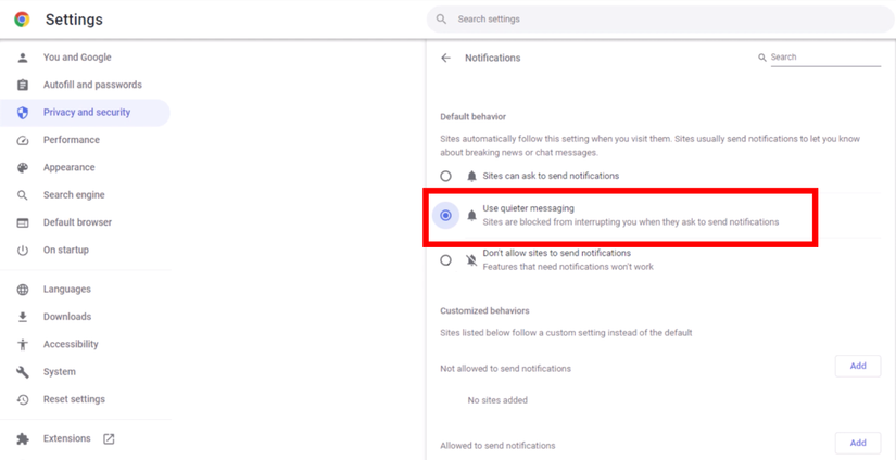 Google Chrome's quiet notifications setting.