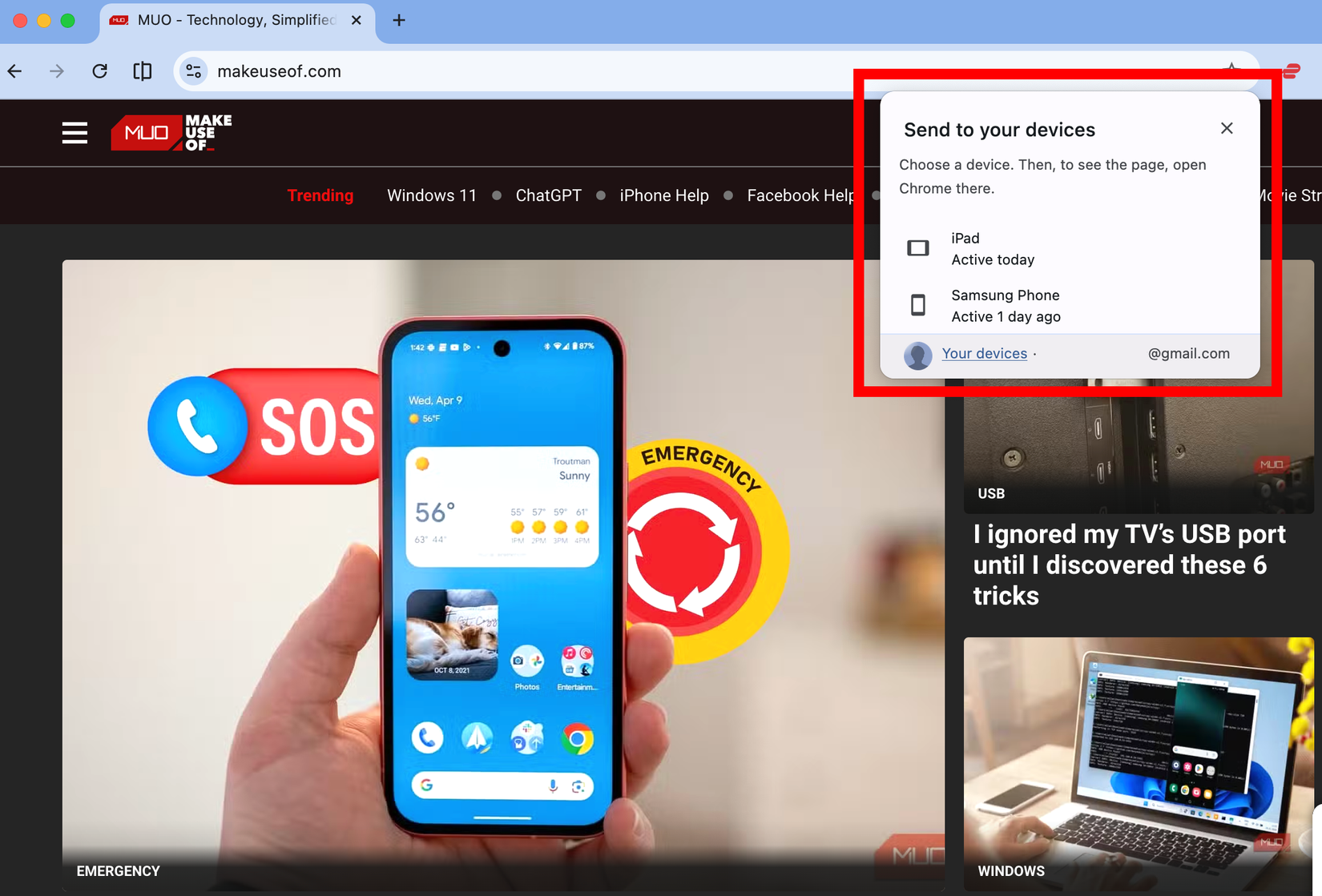 Sharing tabs between devices in Chrome.