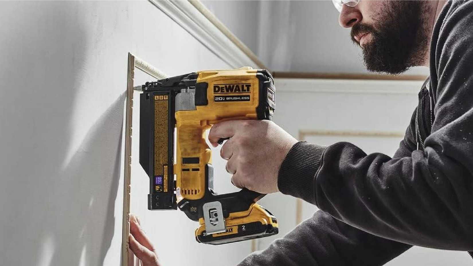 The DeWalt PIN NAILER CMPCT 20V 23G in use
