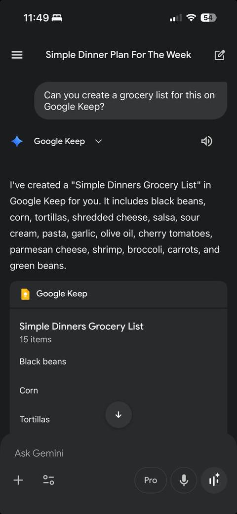 استفاده از Gemini Live برای ایجاد فهرست مواد در Google Keep.