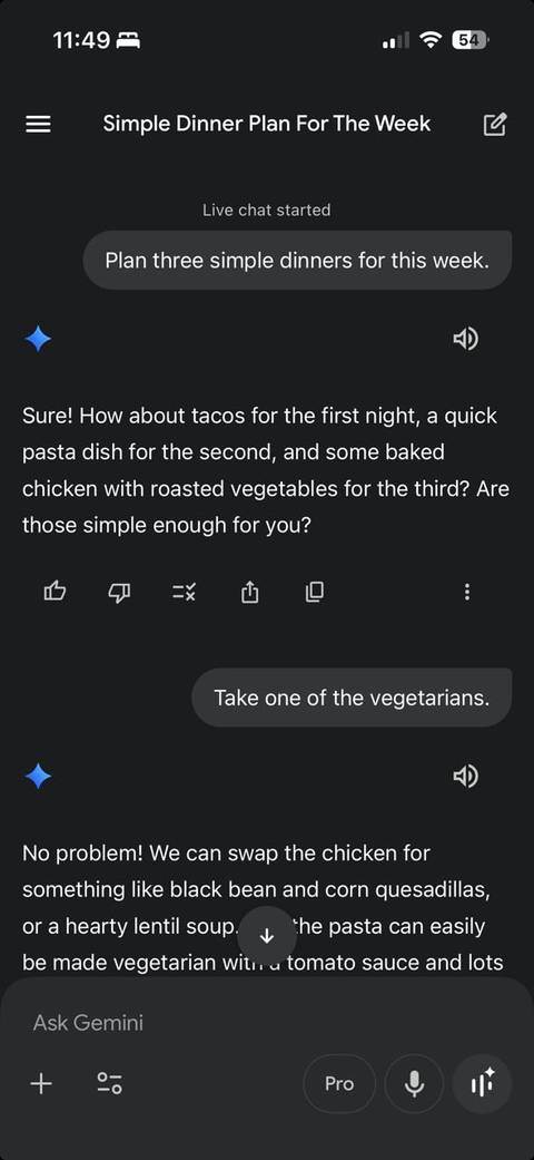 صحبت کردن با Gemini Live و درخواست یک ایده دستور غذا.