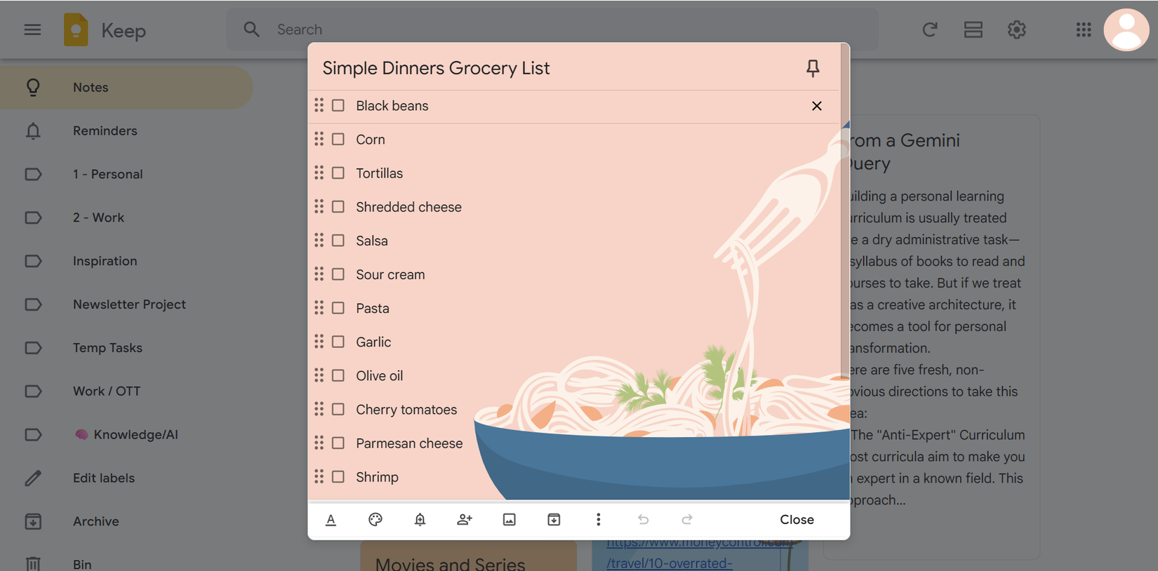 فهرست خرید در Keep.