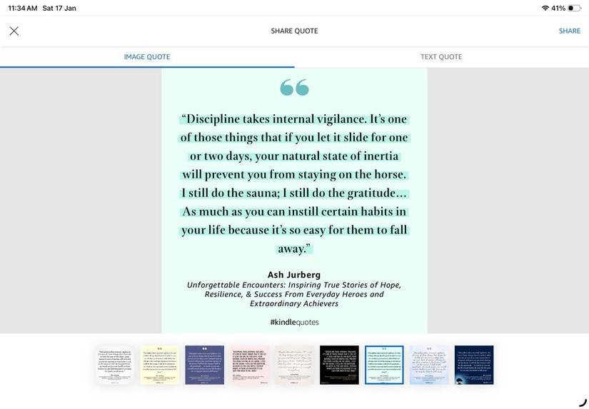 Aplicación indle en iPhone que muestra una cita resaltada lista para compartir.