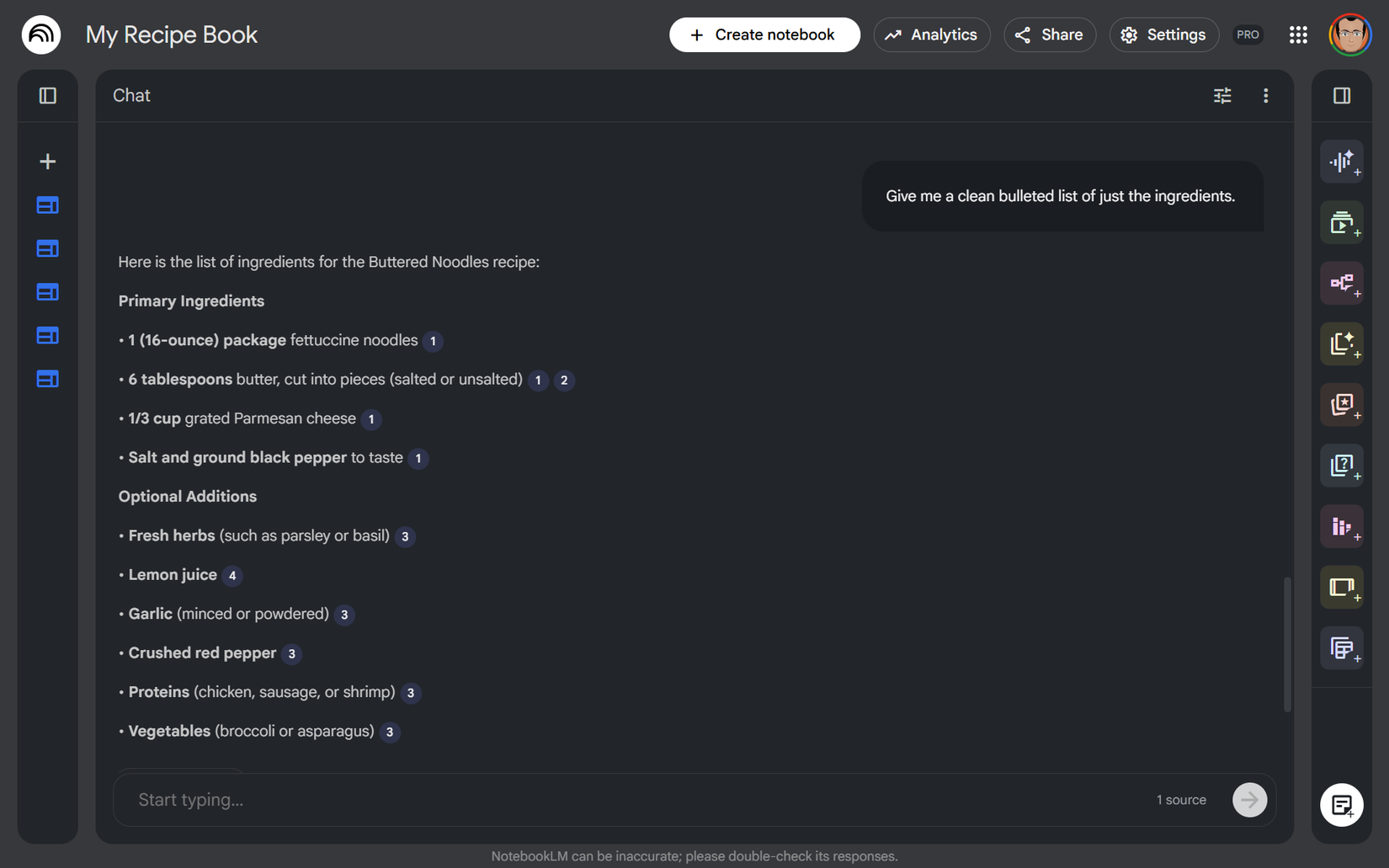 برنامهریزی غذا با فهرستی تمیز از مواد در NotebookLM.