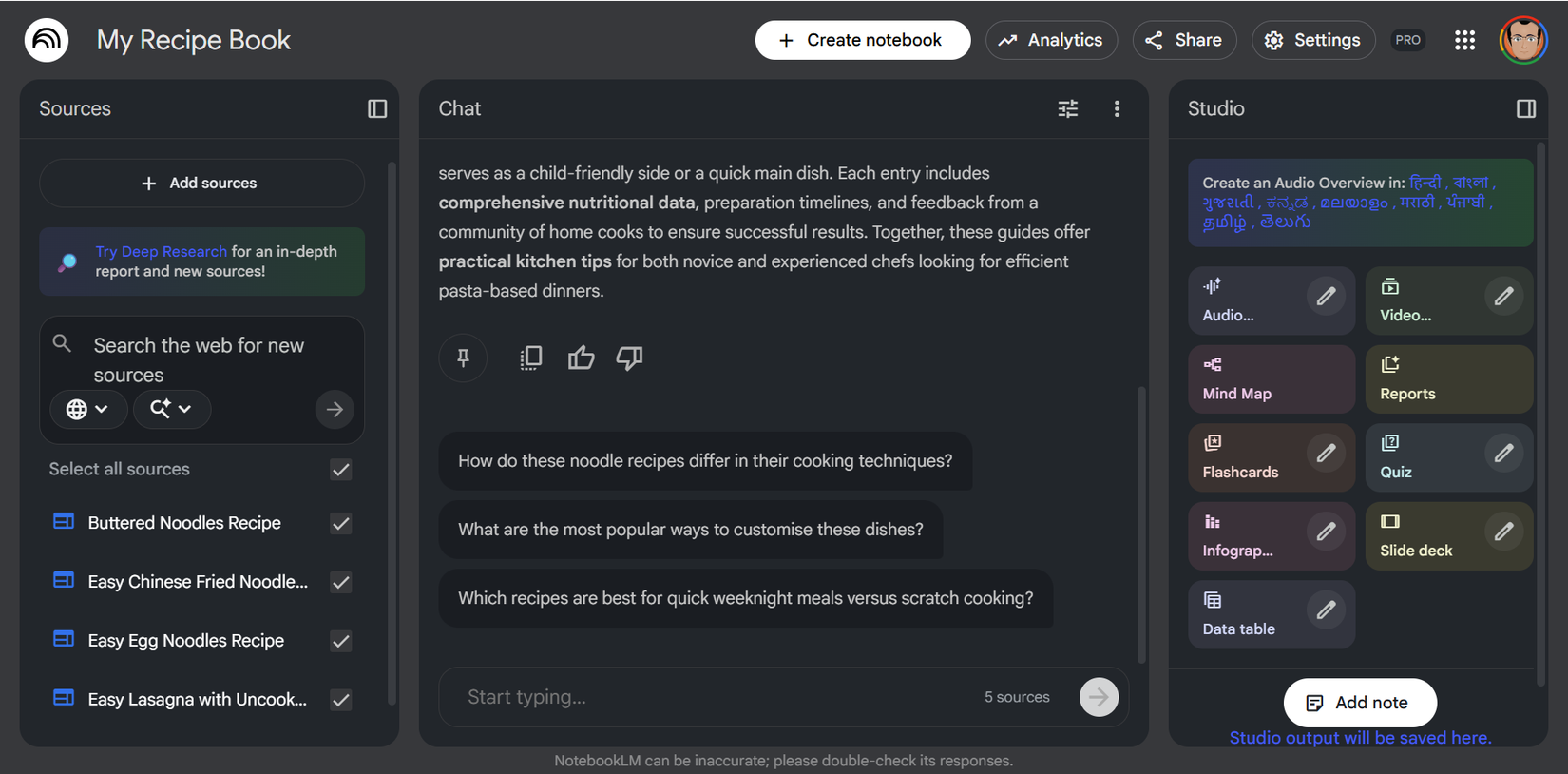 استفاده از NotebookLM برای تحقیق و سازماندهی ایدههای غذایی قبل از پخت.