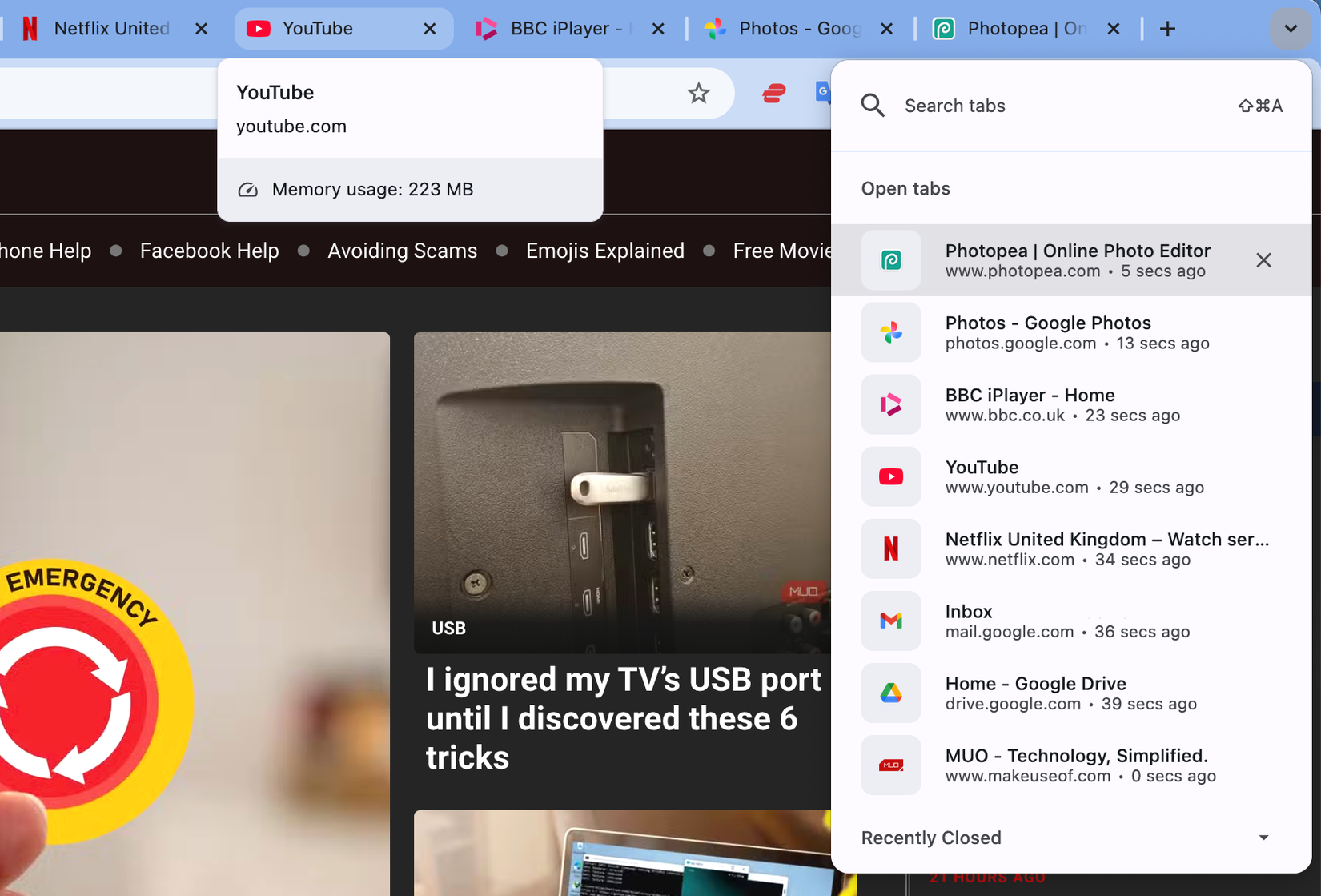 Search open tabs in Google Chrome.