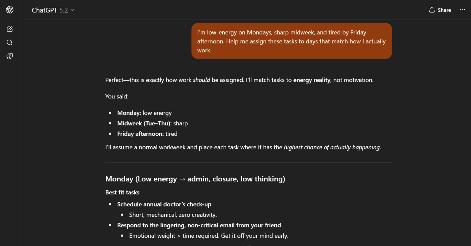 Using ChatGPT for weekly planning with energy levels and focus.