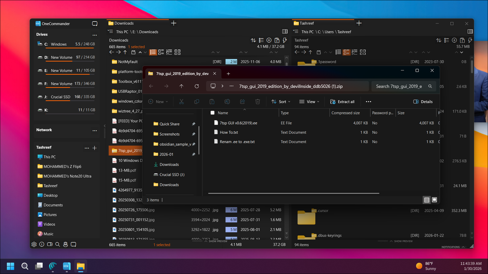 Zip view dialog open in OneCommander on Windows 11