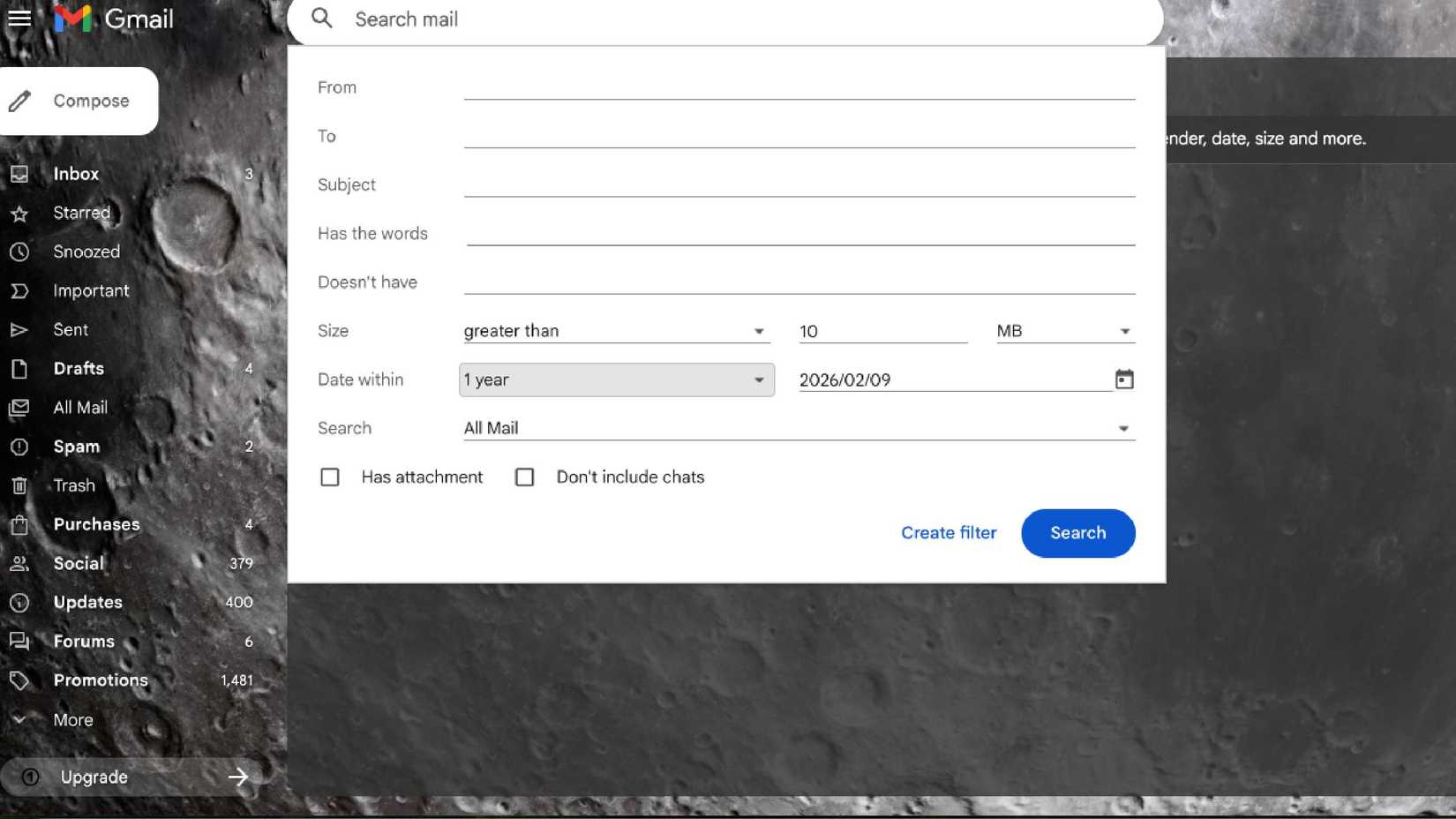 উন্নত অনুসন্ধান সহ Gmail ফিল্টার একটি নির্দিষ্ট তারিখ থেকে একটি নির্দিষ্ট আকারের চেয়ে বড় ইমেলগুলির সন্ধান করে৷