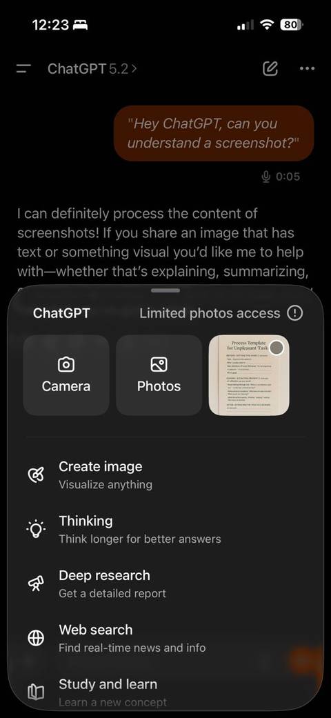 Использование инструмента камеры для захвата изображения в ChatGPT.