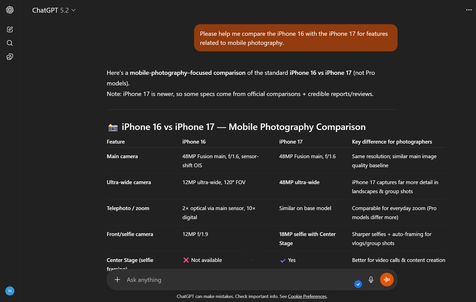 A ChatGPT comparison table for deciding between two models of an iPhone.