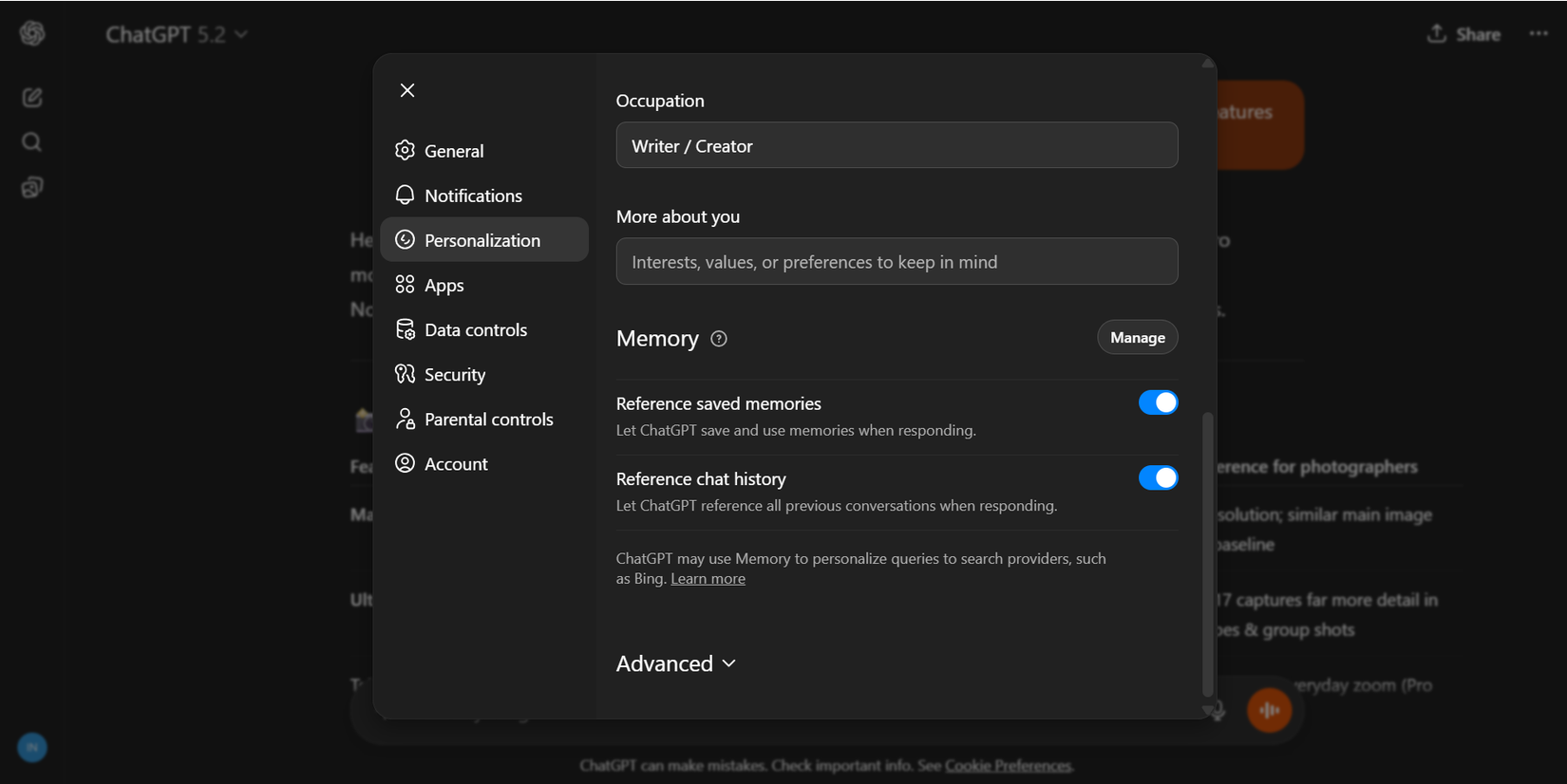Memory settings in ChatGPT
