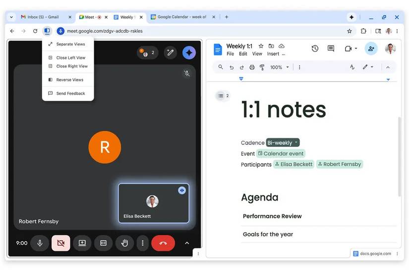 A Chrome tab in split view, with Google Meet on the left and Google Docs on the right.