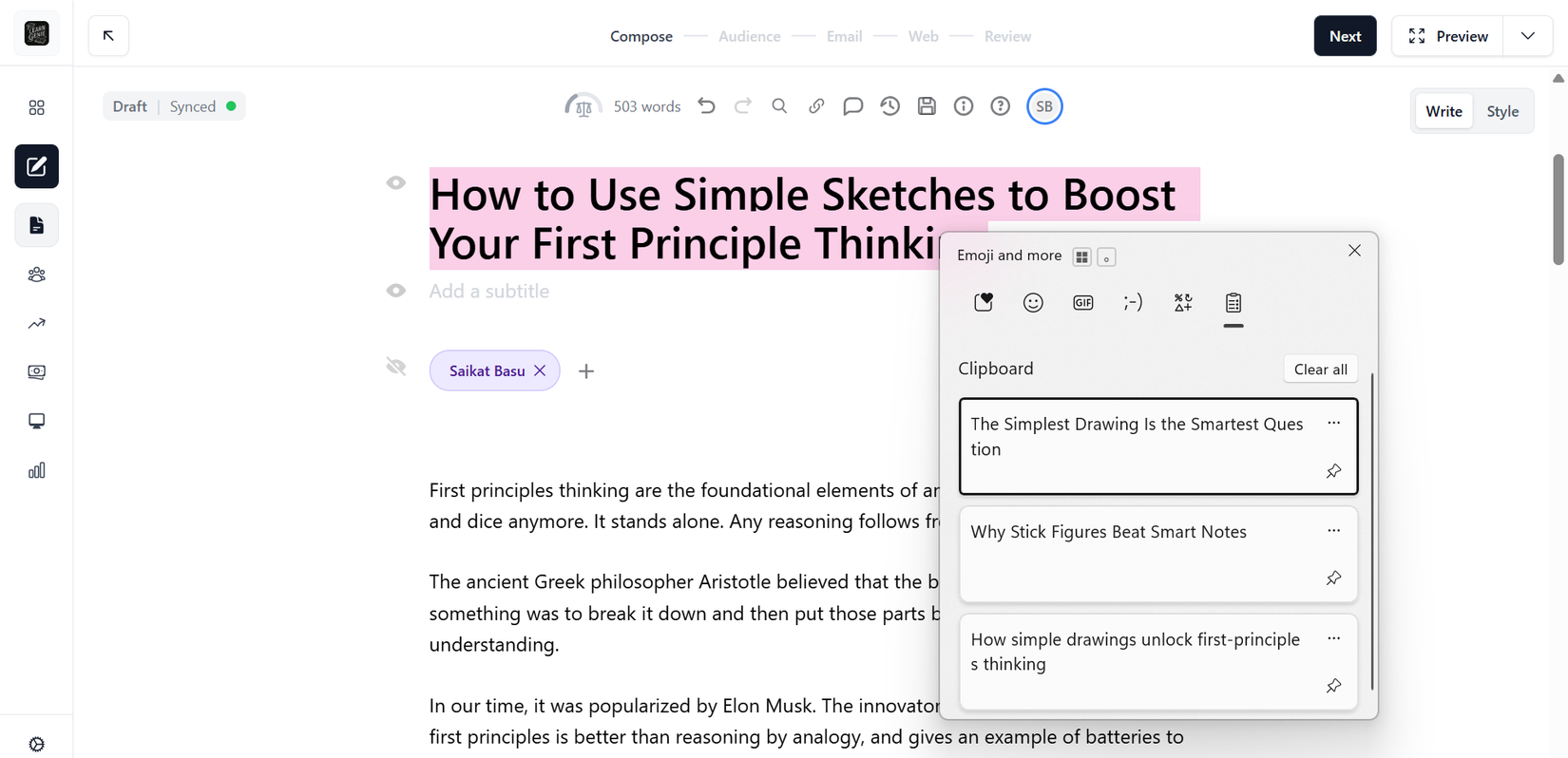 Clipboard history as a scratchpad for thoughts.