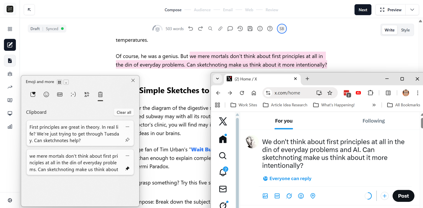 Using copy-paste via Clipboard history to post snippets on social media.