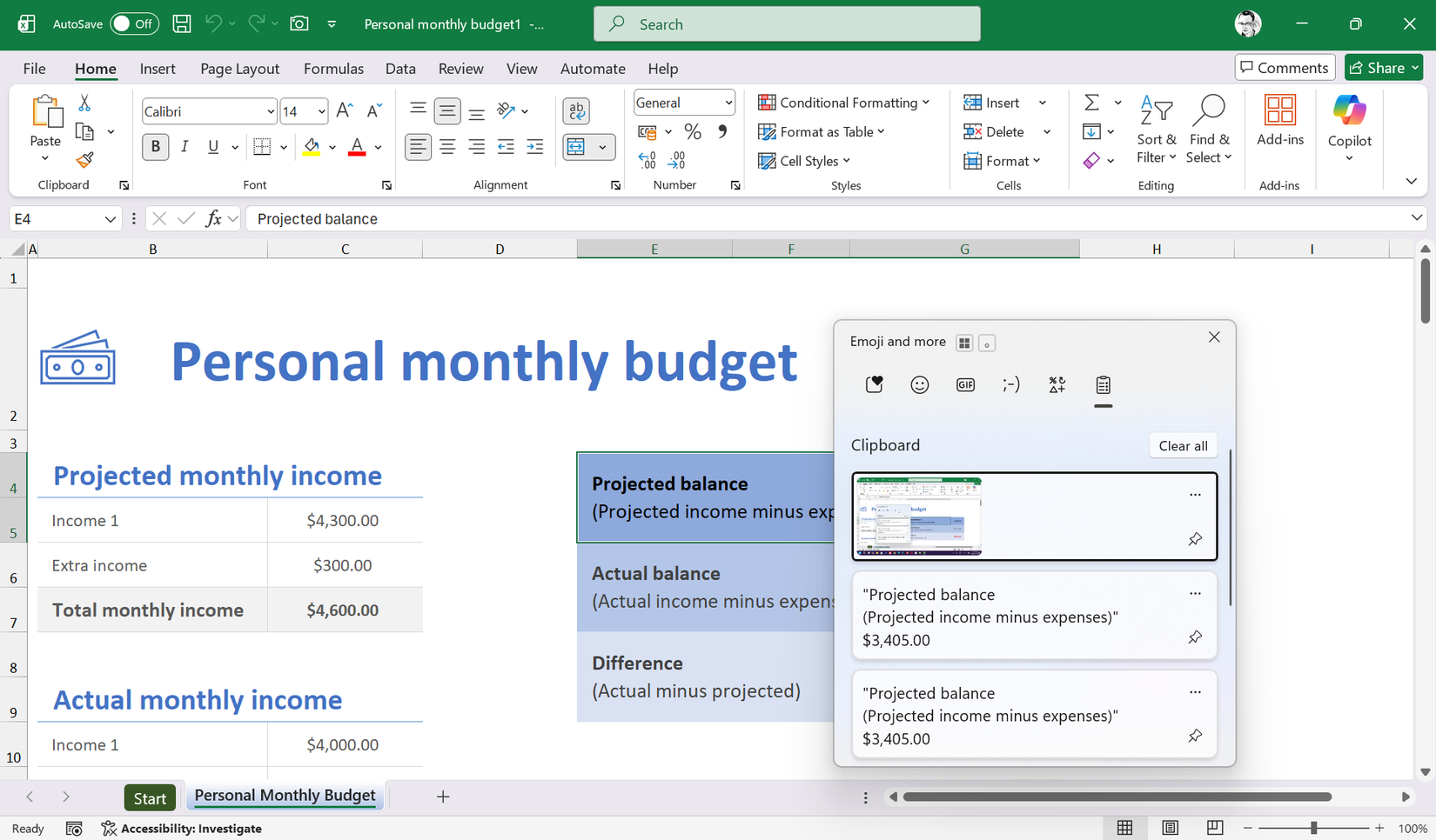 Clipboard history shows copying a spreadsheet.
