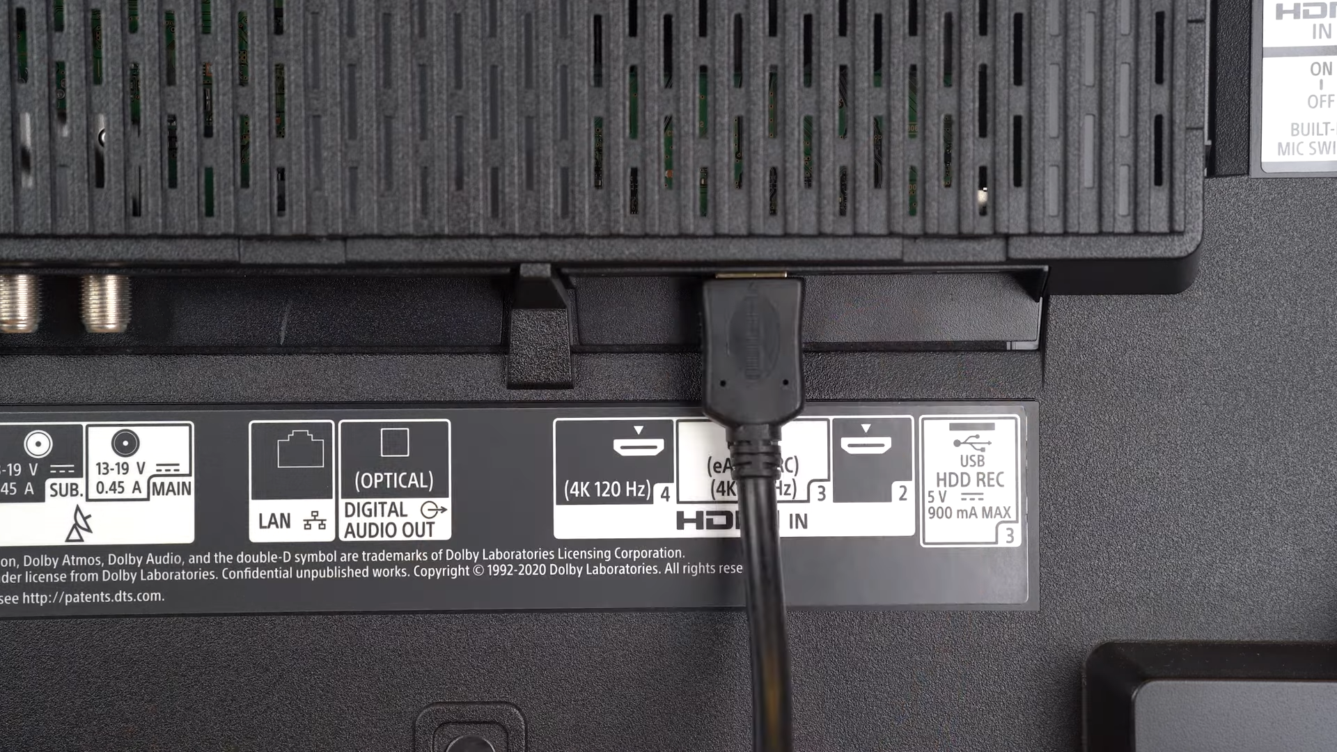 HDMI cable connected to the eARC HDMI port on the back of modern TVs