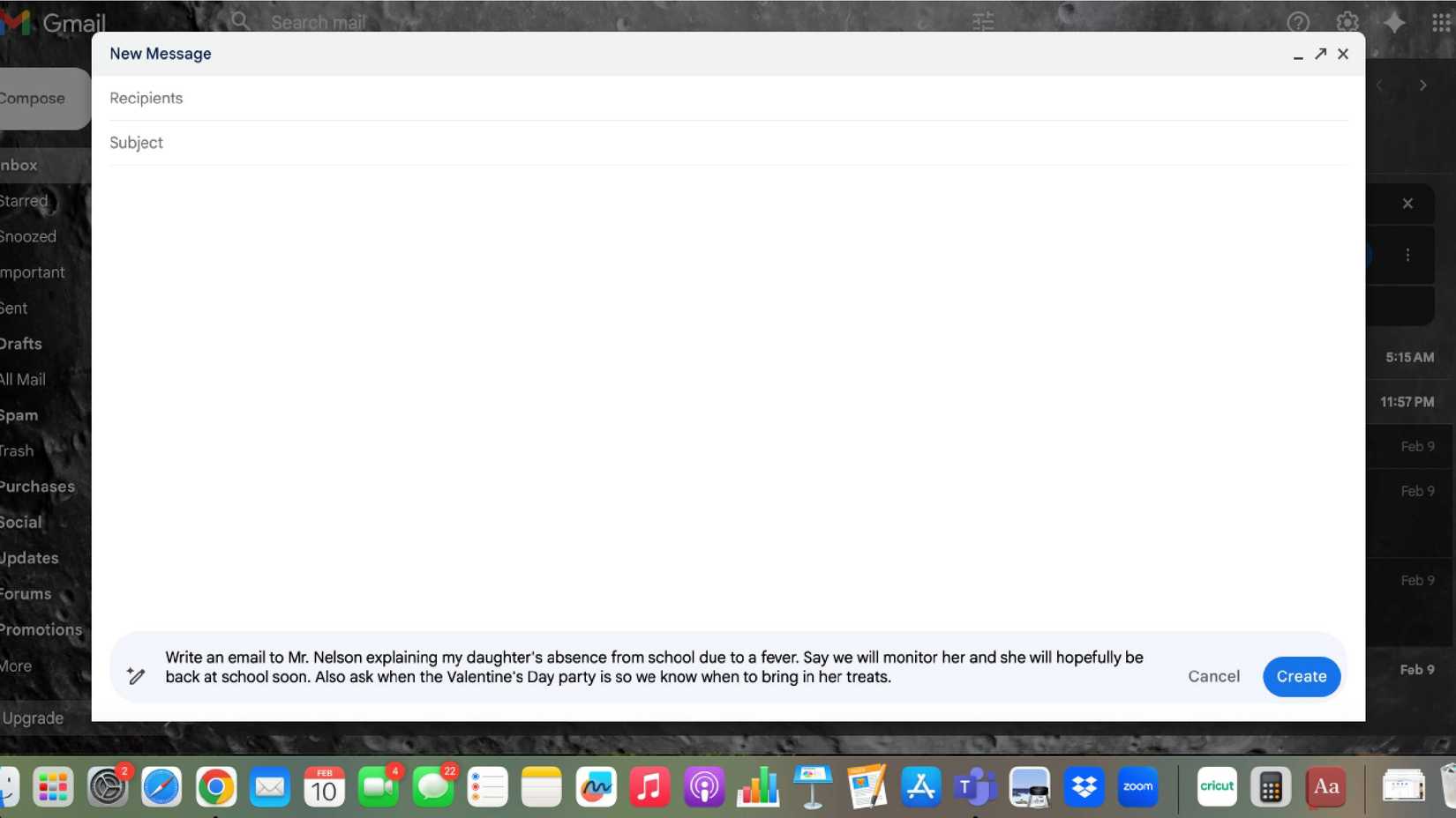 A prompt written in Help me write in Gmail