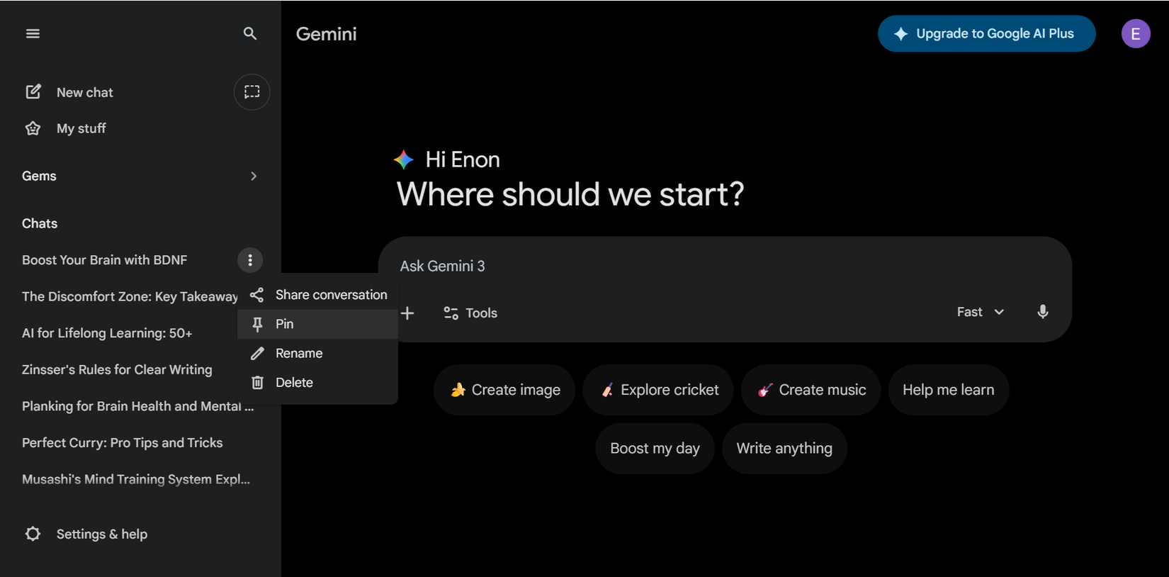 Gemini's default organizational features like Pin and Rename.